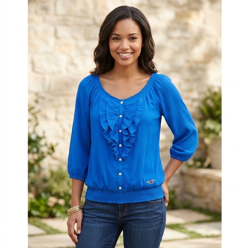 Hollister Womens Size XS Blue Ruffle Peasant Blouse Y2K Boho Smocked Waist Sheer